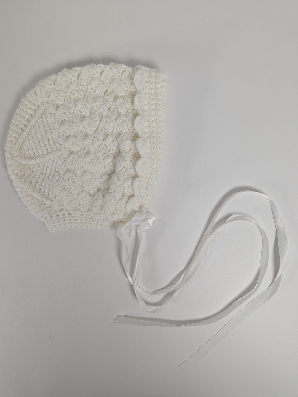 Hand Knit Crochet Baby Bonnet White Ivory Newborn 0-3M Satin Ribbon Heirloom